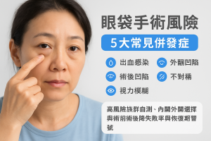 眼袋手術風險：5大常見併發症（出血感染、外翻凹陷、視力模糊）＋高風險族群自測、內開外開選擇與術前術後降失敗率與恢復期警號