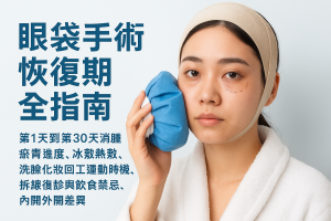 眼袋手術恢復期全指南：第1天到第30天消腫瘀青進度、冰敷熱敷、洗臉化妝回工運動時機、拆線復診與飲食禁忌、內開外開差異